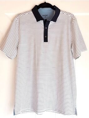 RHONE Men’s White Navy Stripe Golf Sport Polo Size Medium